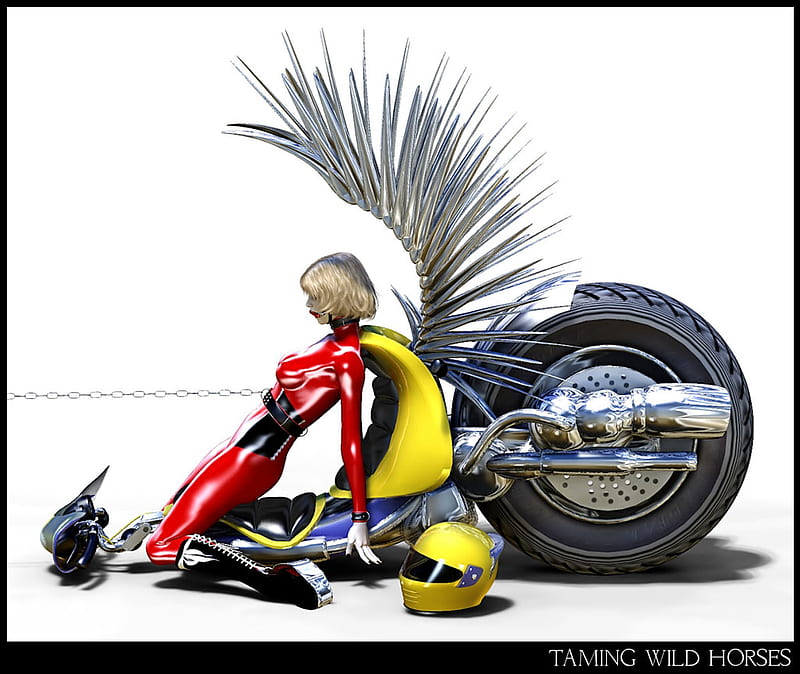 Taming Wild Horse, motor cycle, wings, chained, bike, woman, HD wallpaper