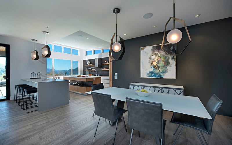 country villa, modern interior, gray tone, dining kitchen, modern design, kitchen, HD wallpaper