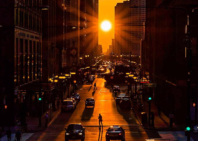 Chicagohenge Equinox in an Aligned City, cool, sun, space, fun, Chicago, star, skyscrapers, HD wallpaper