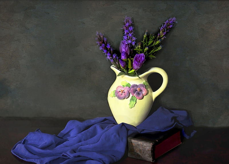 purple and yellow, shawl, still life, purple, flowers, yellow, vase, bonito, HD wallpaper