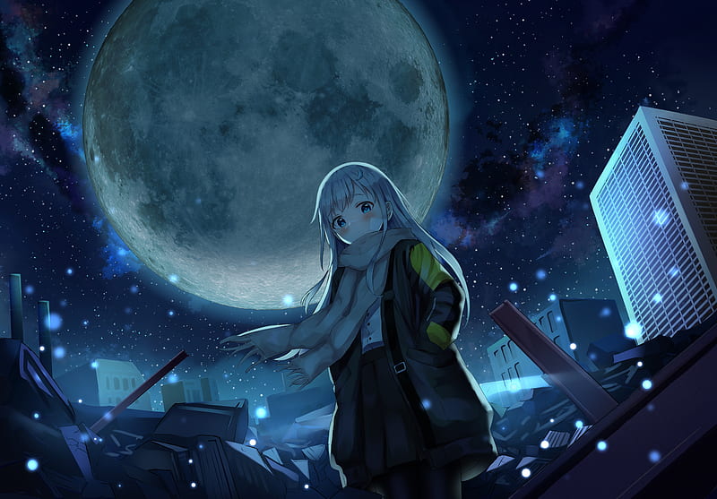 anime night, giant moon, starry sky, anime girl, winter, Anime, HD wallpaper