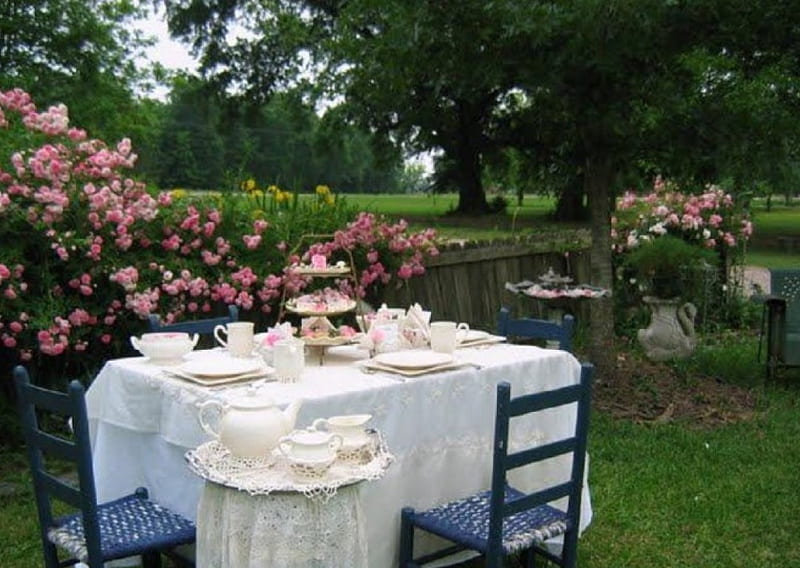 rose garden tea party, flowers, garden, nature, roses, tea party, HD wallpaper