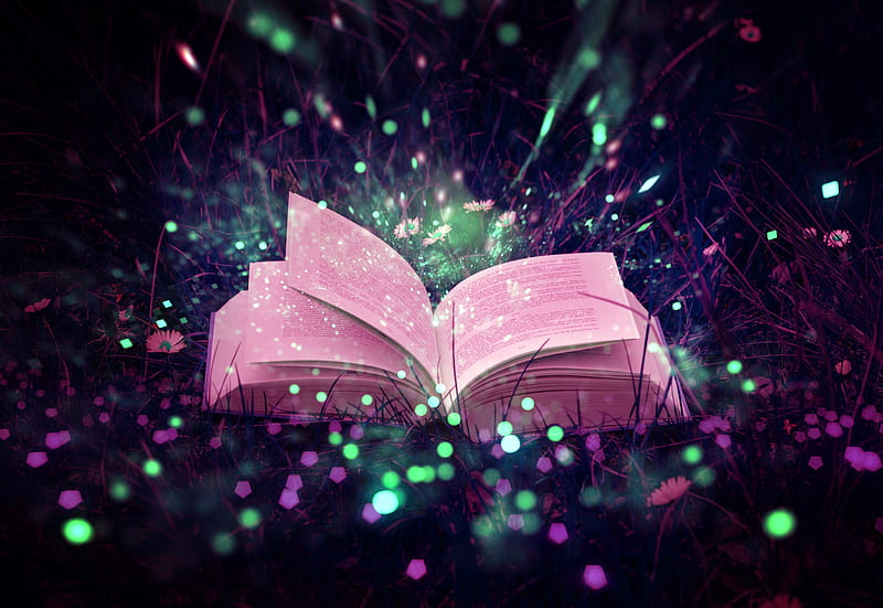 book, glare, sparkles, grass, magic, HD wallpaper