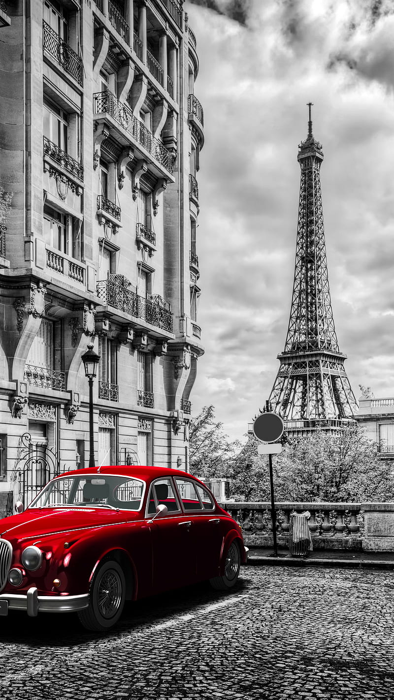 Paris, car, eiffel tower, france, red, HD phone wallpaper