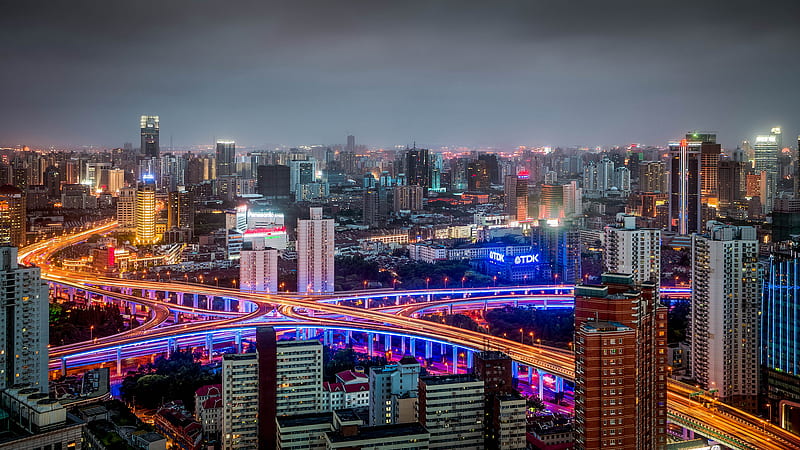Cities, Shanghai, Building, China, City, Huangpu, Night, Panorama, Road, HD wallpaper