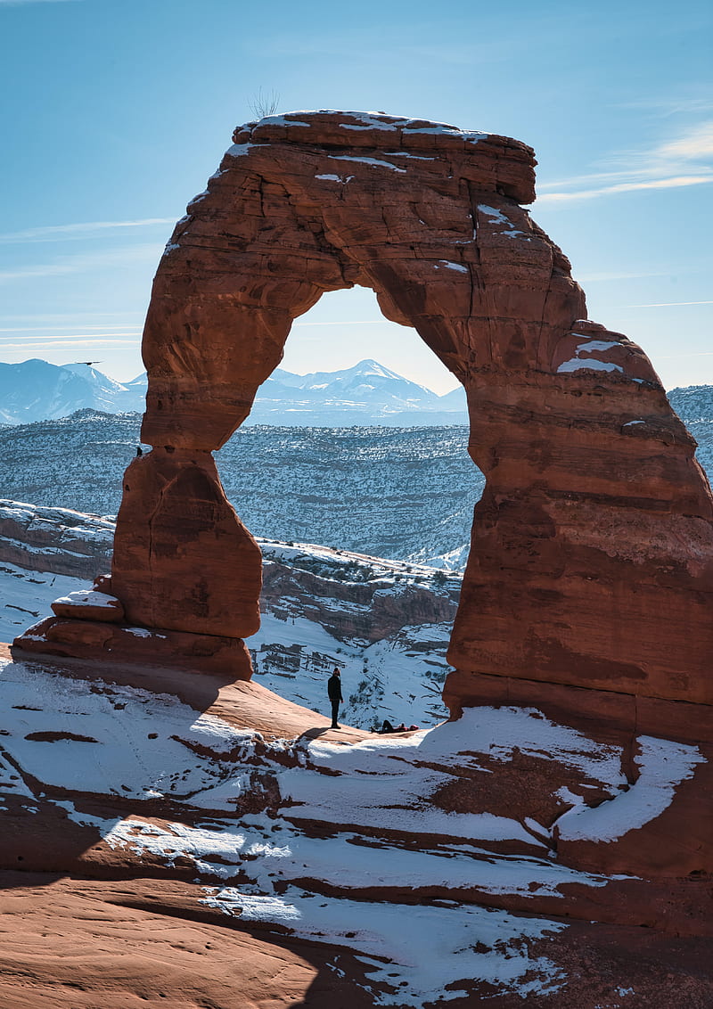 rock, arch, man, alone, snow, nature, HD phone wallpaper
