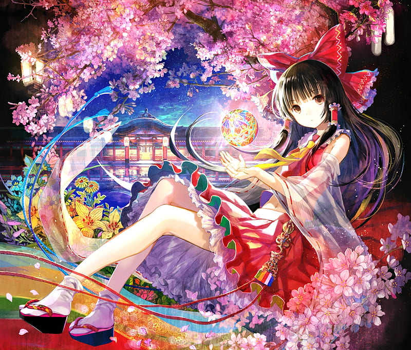 Hakurei Reimu, red, fuji chocko, manga, girl, anime, touhou, pink, blue, HD wallpaper