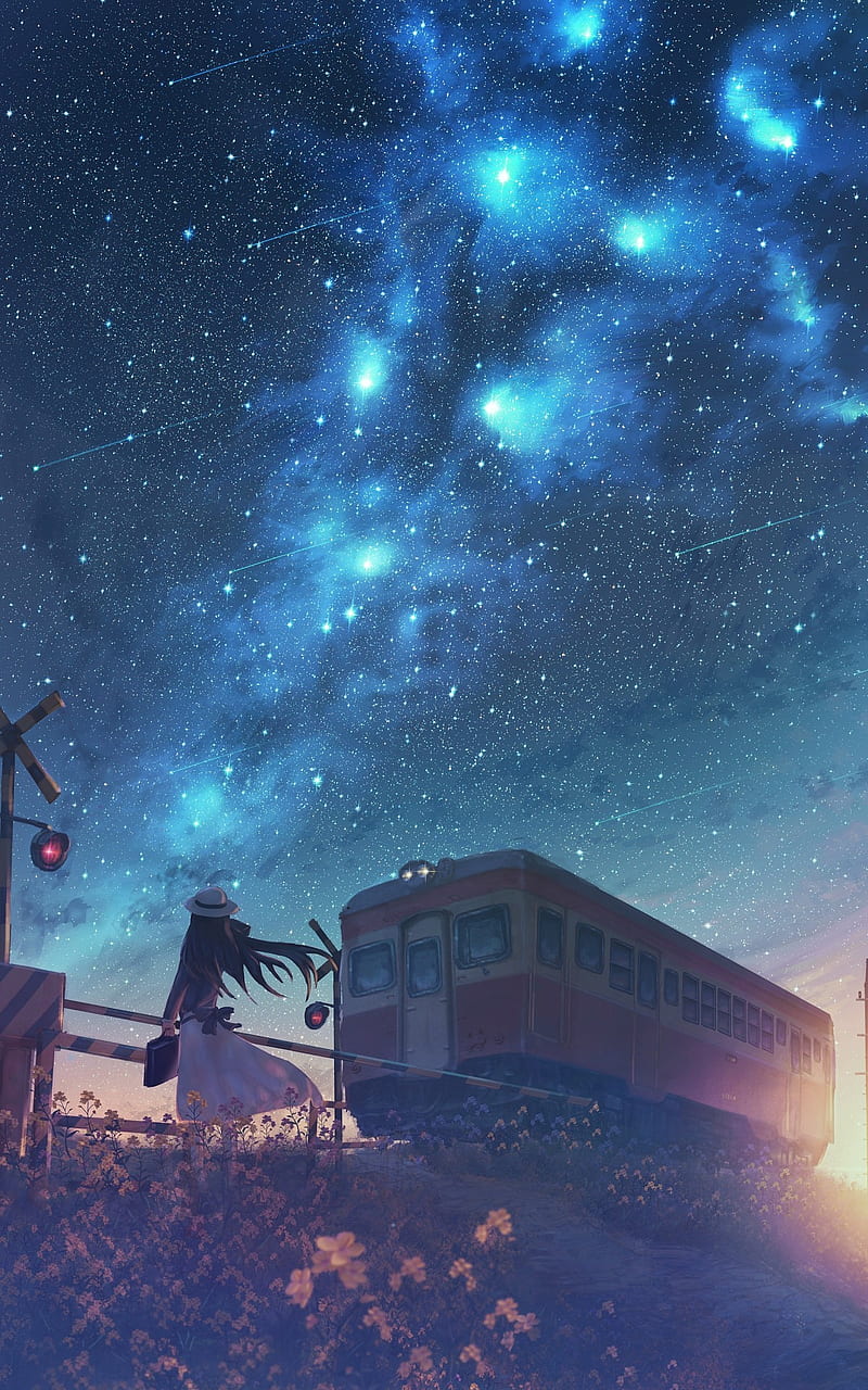 anime, anime girls, original characters, starry night, railway crossing, emotion, stars, night, moescape, HD phone wallpaper