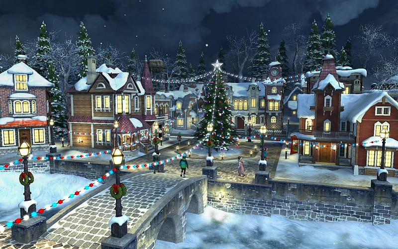 Merry Christmas!, rink, art, house, christmas, lights, winter, tree, city, water, snow, bridge, painting, HD wallpaper