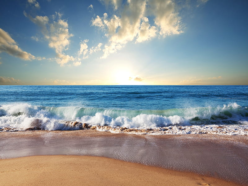 Waves, ocean, sky, clouds, weather, sea, beach, tide, sand, nature, white, blue, HD wallpaper