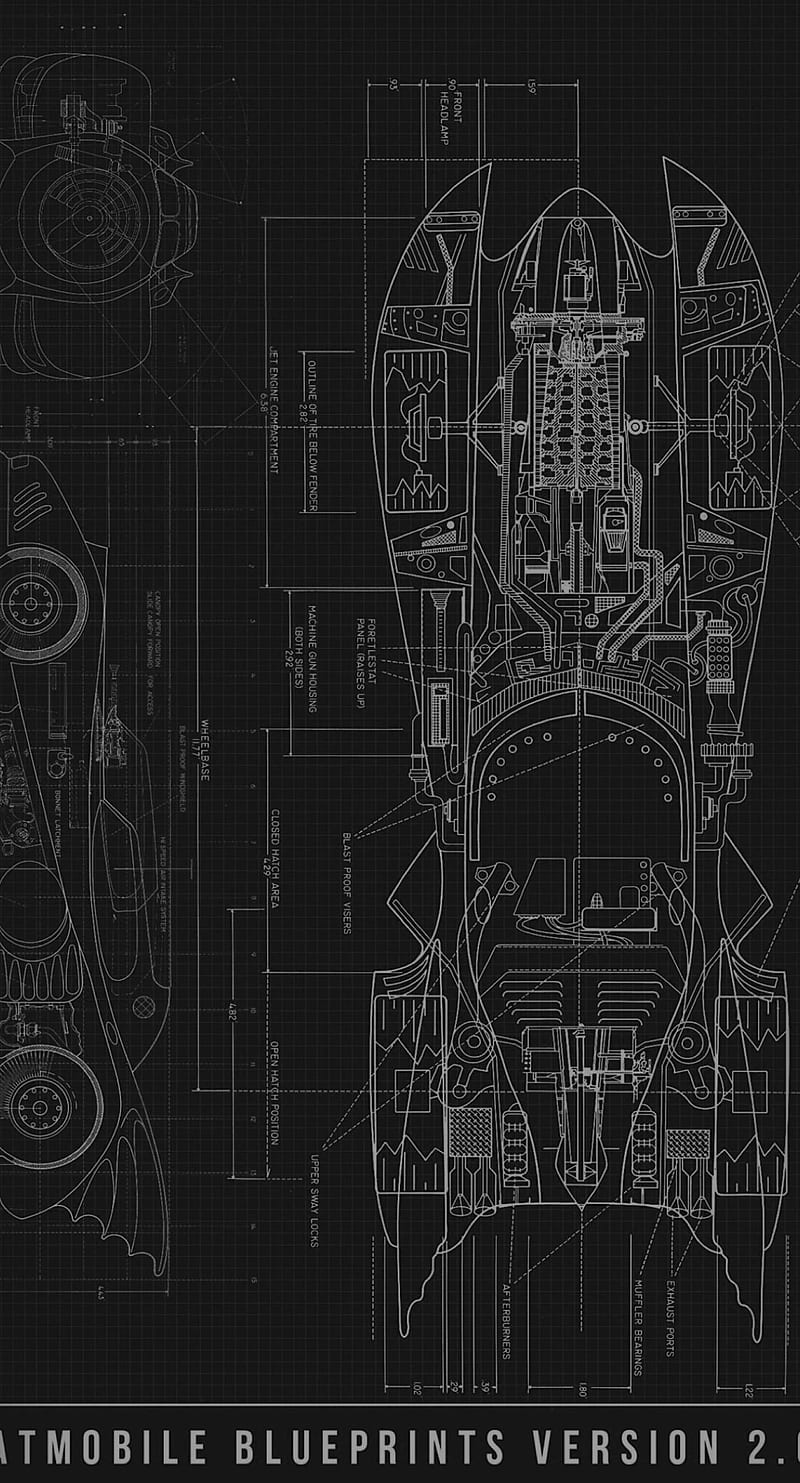 Blueprints, 929, batman, batmobile, black, cool minimal, superhero, tech, HD phone wallpaper