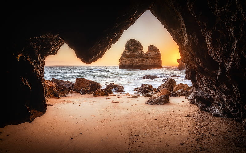 grotto, seascape, sunset, cave, sea, evening, rocks, waves, HD wallpaper