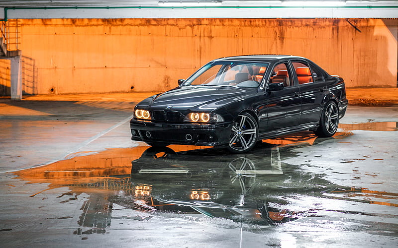 E39, BMW M5 stance, tuning, parking, BMW 5-series, black e39, BMW, HD wallpaper
