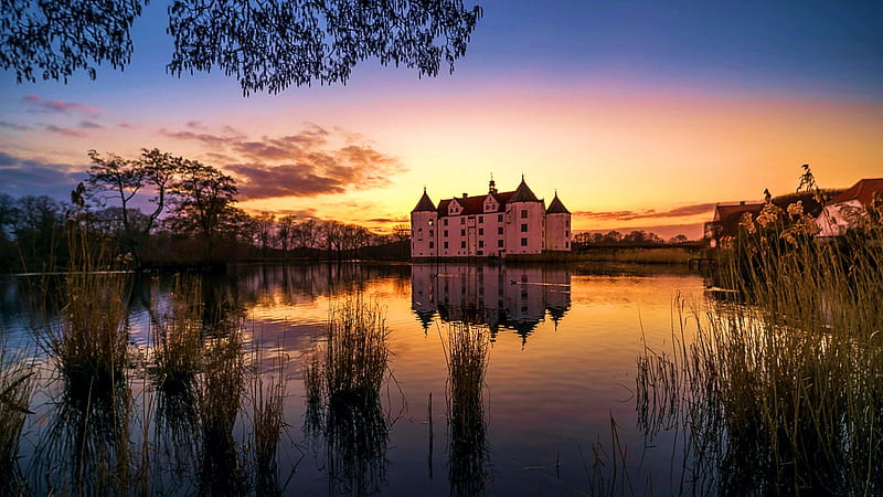 Old Castle in Northern Germany, sunset, sky, landscape, lake, colors, HD wallpaper