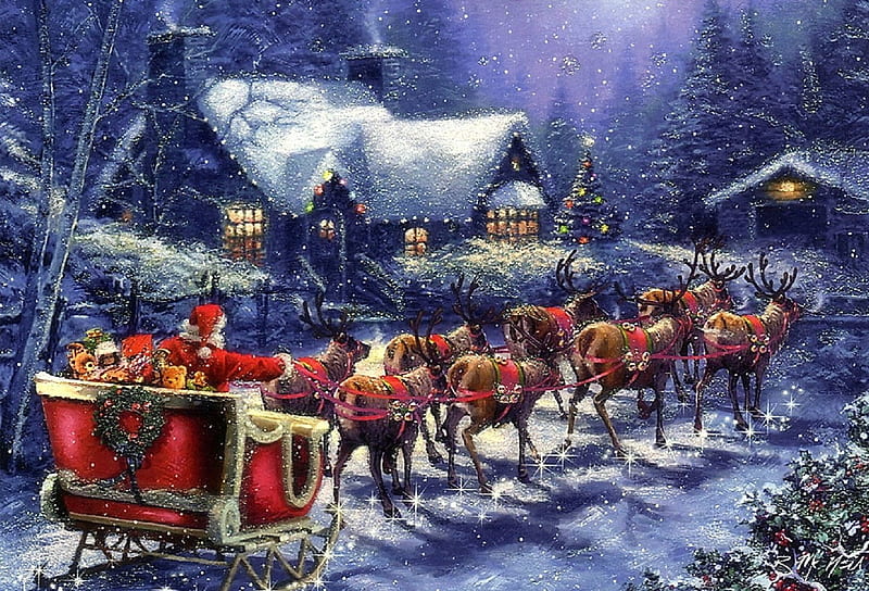 ★Christmas Visit★, sleigh, villages, Christmas, christmas tree, holidays, bonito, santa claus, xmas and new year, paintings, reindeer, lovely, white trees, colors, love four seasons, creative pre-made, winter, snow, winter holidays, nature, HD wallpaper