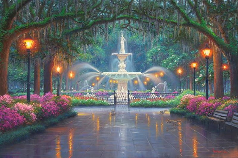 Savannah Serenade, fountain, love four seasons, attractions in dreams, electric lights, parks, paintings, benches, summer, flowers, nature, HD wallpaper