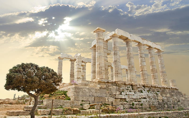 fabulous ancient greek ruins, tree, ancient, ruins, sun rays, clouds, HD wallpaper