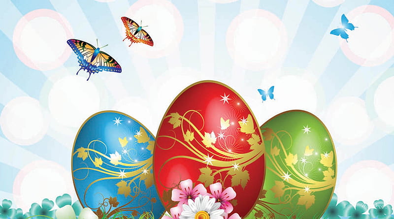 Bright Easter Eggs, colorful, flowers, fresh, spring, Easter, gold, s butterflies, eggs, papillon, flowers, vector, HD wallpaper