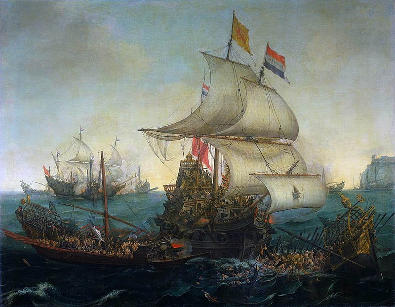 Dutch Ship Ramming Spanish Galley, ships, guerra, flags, dutch, sails, galley, spanish, sea, HD wallpaper