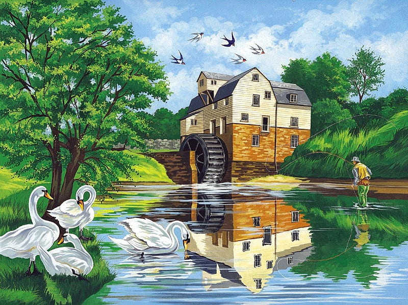 Watermill, mill, bonito, nice, calm, painting, water mill, river, reflection, fishing, art, peaveful, quiet, lovely, silence, greenery, birds, sky, swans, fisherman, lake, pond, water, serenity, day, nature, HD wallpaper