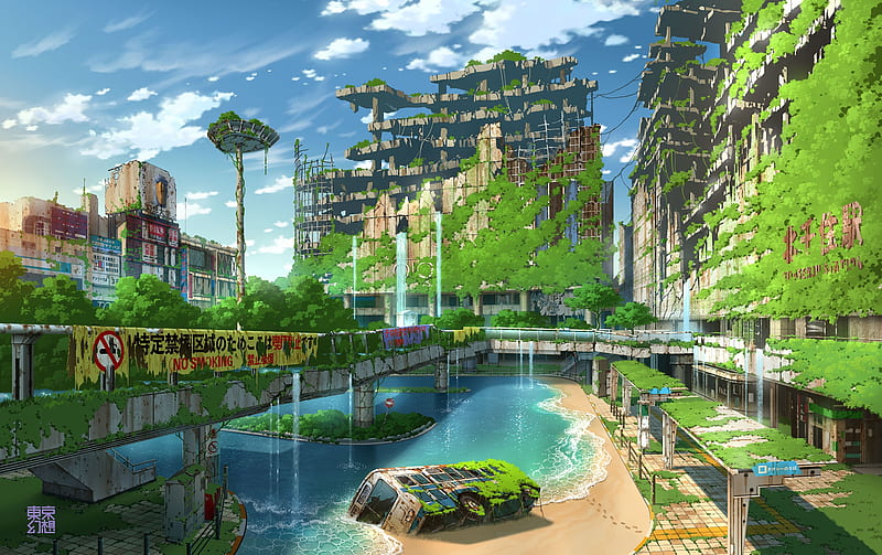 post-apocalyptic anime landscape, water, ruins, scenery, clouds, Anime, HD wallpaper
