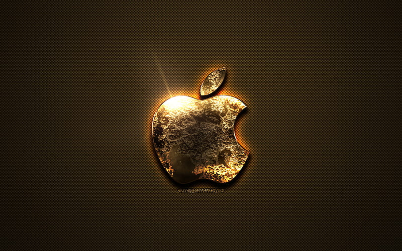 Apple gold logo, creative art, gold texture, brown carbon fiber texture, Apple gold emblem, Apple, HD wallpaper
