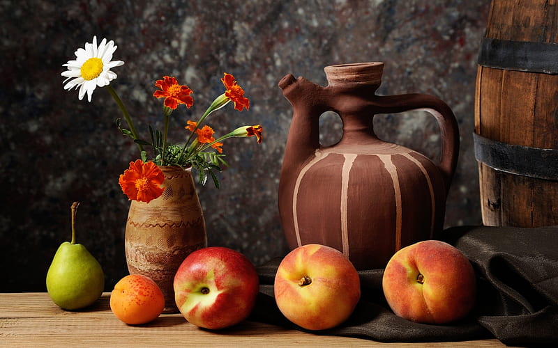 Variety of Fruits with Daisy & Marigolds, peach, brown vases, marigold, 1920x1200, daisy, apple, brown, still art, barrel, wood table, apricot, velvet cloth, HD wallpaper
