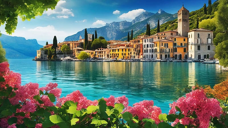 Lake Como, Italy, clouds, reflections, flowers, village, water, houses, mountains, sky, landscape, HD wallpaper