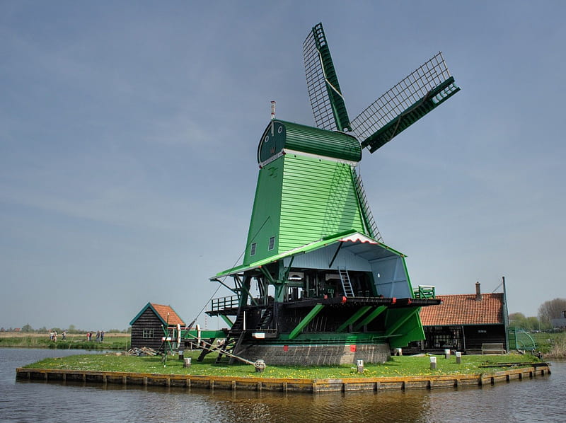 Green Wind Mills, nice, clear, green, lake, HD wallpaper