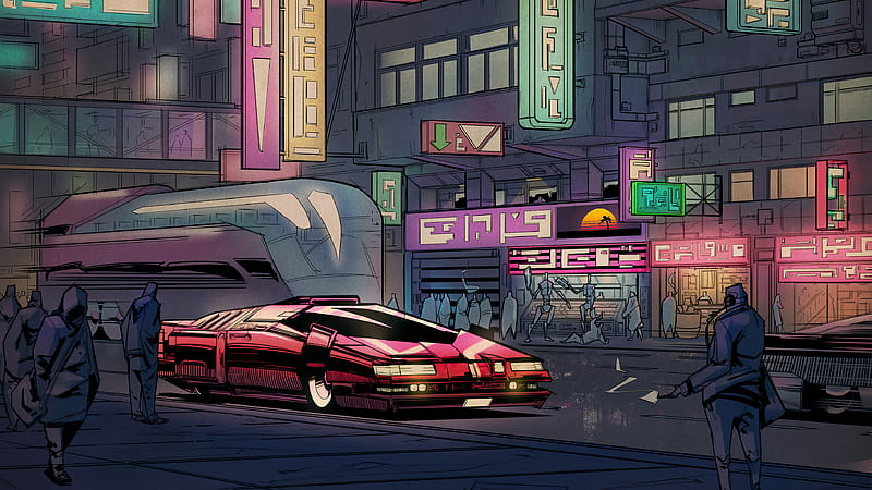 futuristic city, cyberpunk, red car, people, Sci-fi, HD wallpaper