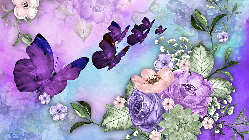 Summer Sensation, paint, rose, poppies, butterflies, lavender, spring, purple, summer, flowers, Firefox Persona theme, watercolor, HD wallpaper