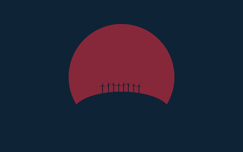 red moon silhouettes of windmills, minimal, gray background, wind farm, moon minimalism, HD wallpaper