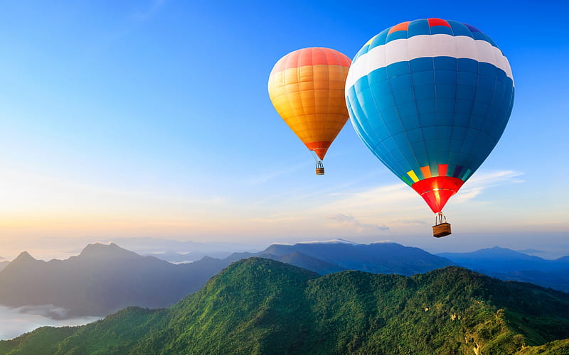 mountains, colorful balloons, balloonists, sky, sunset, evening, HD wallpaper