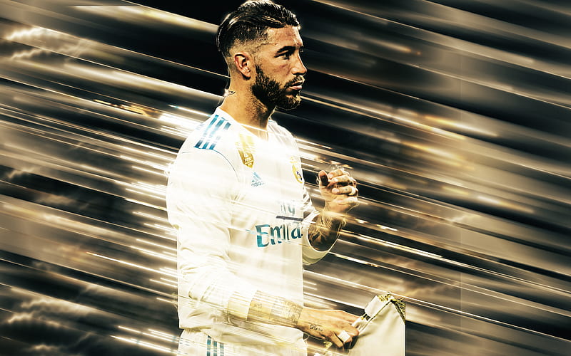 Sergio Ramos creative art, blades style, Real Madrid, Spanish footballer, La Liga, Spain, gray background, football, HD wallpaper