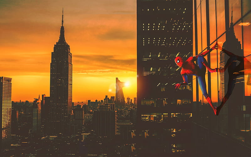 Spiderman in New York Spider-Man, fan art, adventure, sunset, superheroes, Spiderman, HD wallpaper