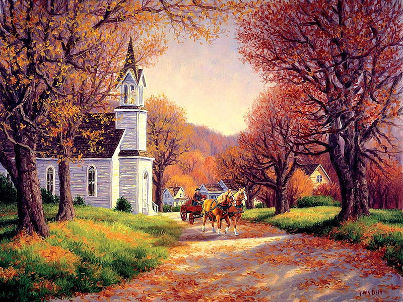 Road by the Church, autumn, cart, painting, trees, horses, HD wallpaper
