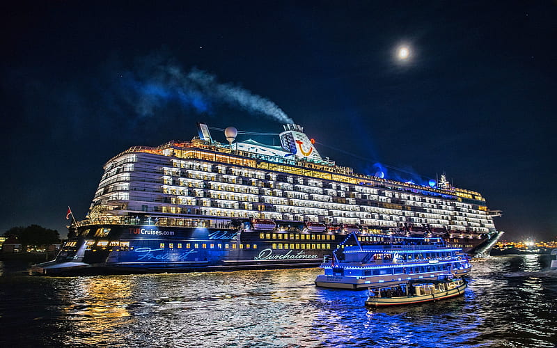 Mein Schiff 6, cruise ships, night, Elbe River, Hamburg, Germany, Europe, HD wallpaper