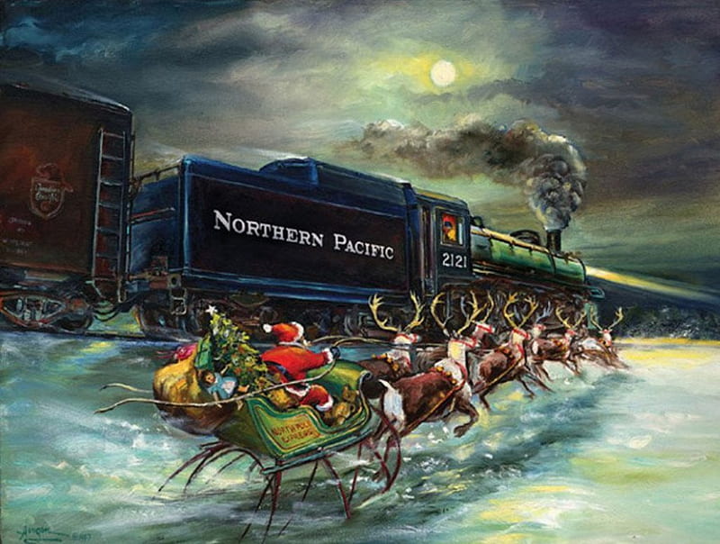 Santa at the Railway, locomotive, train, christmas, snow, sledge, winter, deer, HD wallpaper
