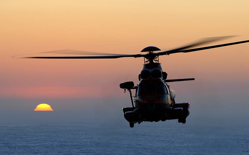 Eurocopter EC225 Super Puma, Airbus Helicopters H225, transport helicopter, sunset, helicopter in the sky, modern helicopters, rescue helicopter, HD wallpaper