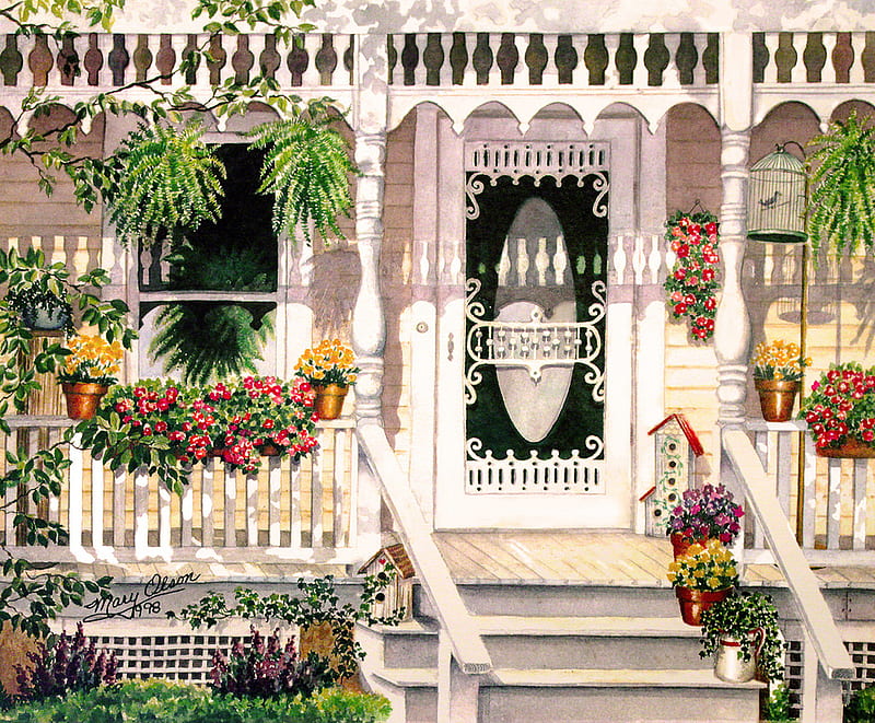 Grannies Porch, painting, architecture, aquarel, house, HD wallpaper