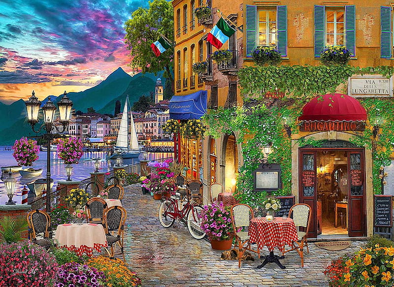 Irresistable Italy, house, tables, restaurant, flowers, chairs, bicycle, artwork, harbor, digital, HD wallpaper