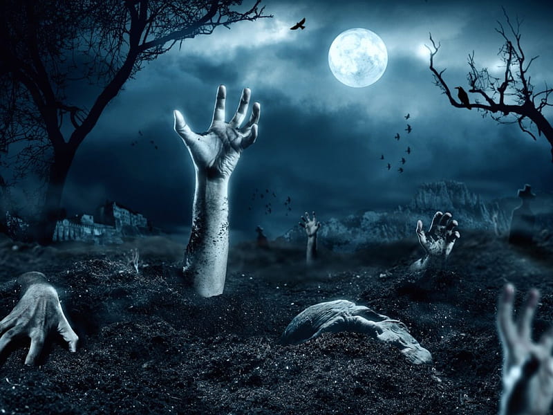 Zombies~Braaaaaaaains!, arms, clouds, mountain, graves, moon, full moon, graveyard, Halloween, face, cemetery, tombstones, birds, trees, zombies, hands, dirt, castle, HD wallpaper