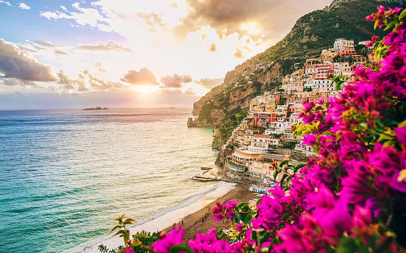Salerno, sunset, beautiful nature, italian landmarks, sea, summer, Amalfi, Italy, Europe, italian cities, HD wallpaper