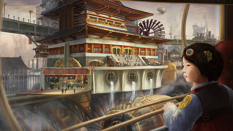 Steampunk - Korea, Airship, Steampunk, Korea, Fantasy, HD wallpaper
