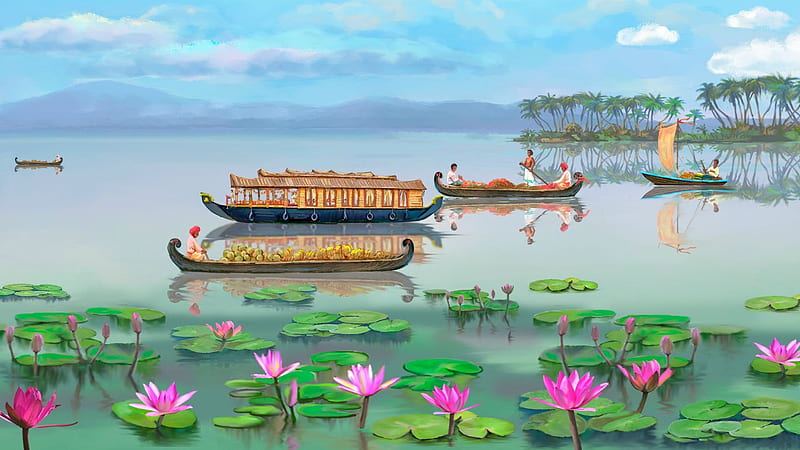 A india lake, boats, liles, people, lake, HD wallpaper | Peakpx