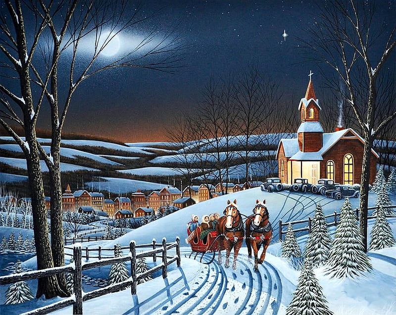 Tis The Season, sleigh, fence, houses, church, trees, artwork, horses, carros, snow, people, painting, village, night, HD wallpaper