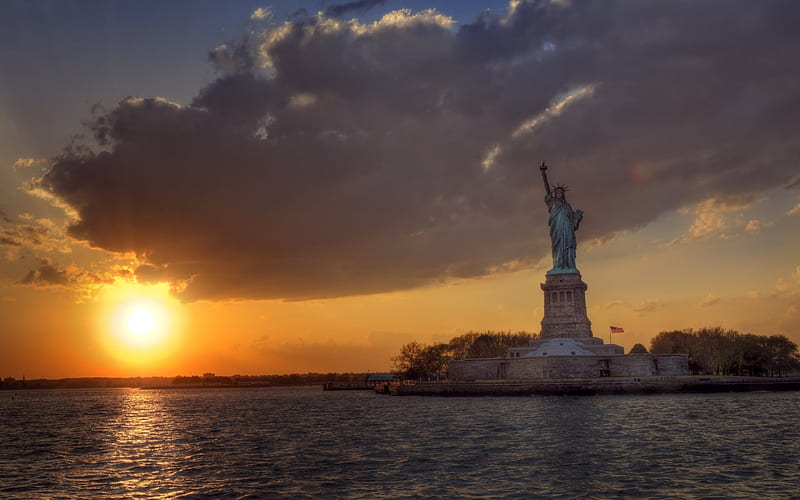 Statue of Liberty, sunset, Manhattan, New York, USA, United States landmarks, HD wallpaper