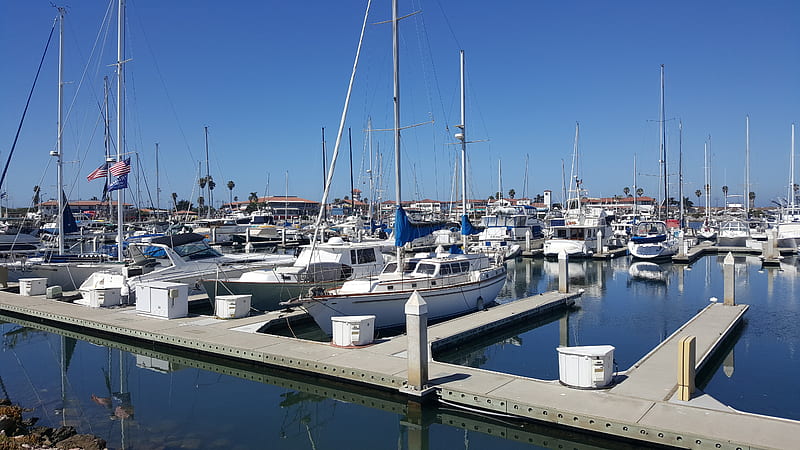 Ventura Harbor (California), Water, Harbor, California, Sky, Ventura, Boats, Blue, Reflections, HD wallpaper
