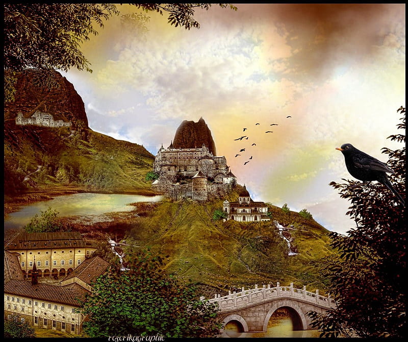 ✫The Valley of Wonders✫, attractions in dreams, most ed, digital art, lower shaft, clouds, side tree, bridge, green, manipulation, landscapes, environment, scenery, raven, house left, birds, sky, pond, castle, HD wallpaper
