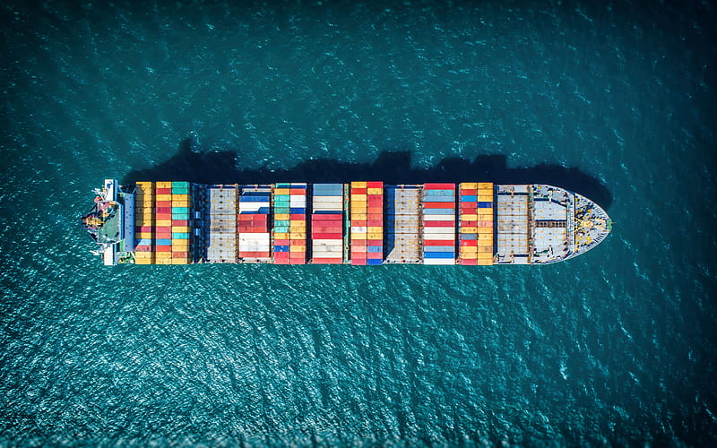 container ship, top view, large cargo ship, cargo delivery concepts, transportation of containers by sea, HD wallpaper